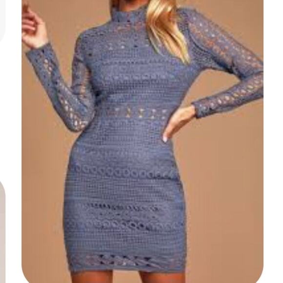LULUS NEW  FULL HEARTED DUSTY BLUE CROCHET LACE LONG SLEEVE DRESS SIZE LARGE - Picture 1 of 8